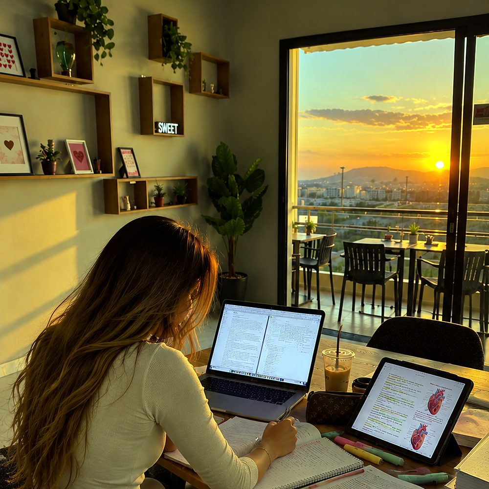 L'open space de Chill & Work au coucher du soleil, avec la terrasse et la vue sur Fès